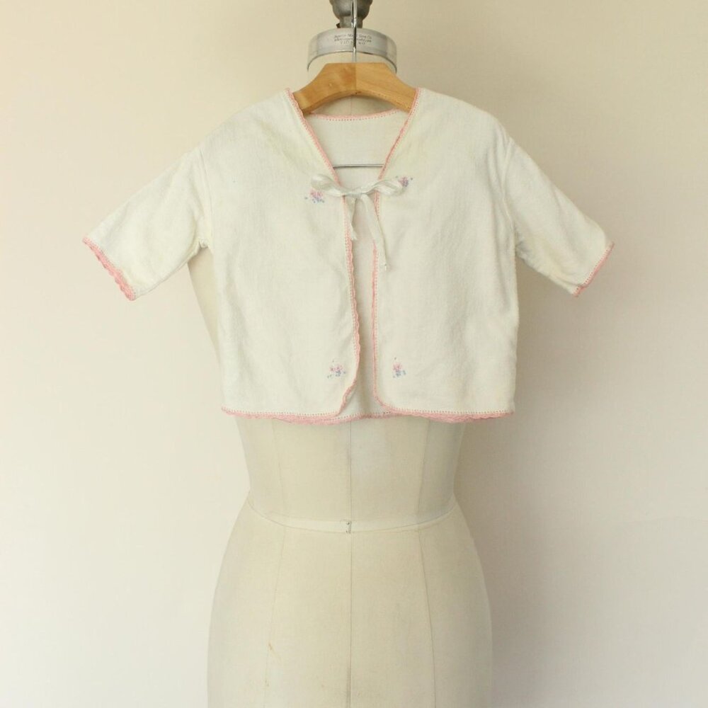 Vintage 1950s Baby Jacket With Floral Embroidery, Infant Girls Cotton Flannel